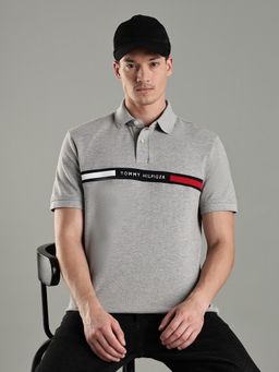 Tommy Hilfiger - Men Grey Cotton Regular Fit Polo T-Shirt