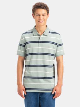 Jockey - Um15 Men Super Combed Cotton Striped Polo T-Shirt-Iceberg Green, Navy and Almond