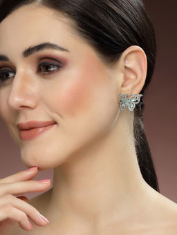 Karatcart - Silver Tone Lime Green Butterfly Design Cubic Zirconia Earrings for Women