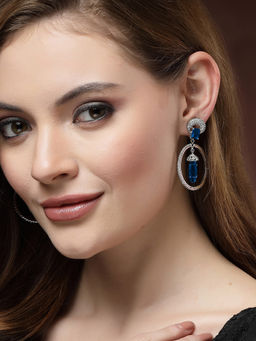 Karatcart - Silver Plated Blue Cubic Zirconia Studded Dangler Hoop Earrings for Women