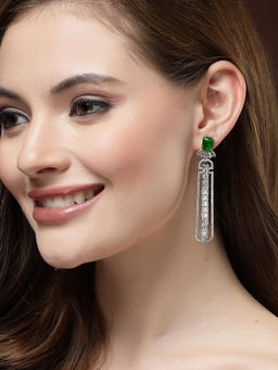 Karatcart - Green Cubic Zirconia Studded Silver Plated Long Drop Earrings for Women