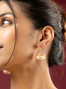 VIRAASI - Elegant Gold-Plated Ruby and Pearl Jhumki Earrings
