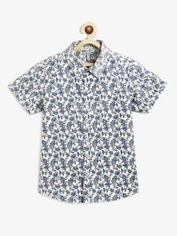 Campana - Boys Yuki Short Sleeve Cotton Shirt Tropical Print White Blue