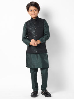 Uri and MacKenzie - Kid'S Silk Blend Kurta and Pant and Nehru Jacket-Green