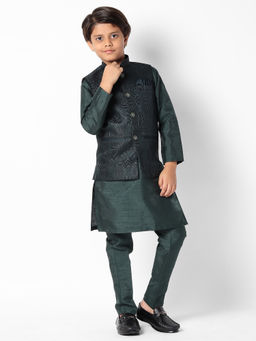 Uri and MacKenzie - Kid'S Silk Blend Kurta and Pant and Nehru Jacket-Green