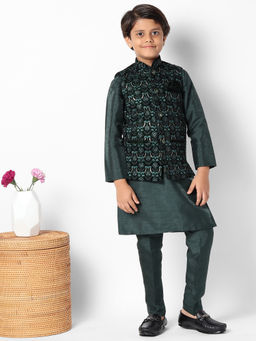 Uri and MacKenzie - Kid'S Silk Blend Kurta and Pant and Nehru Jacket-Green
