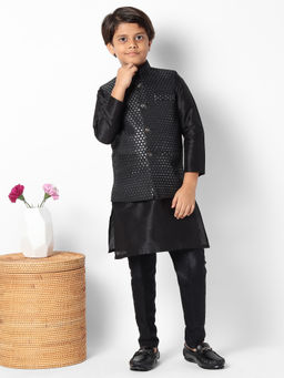 Uri and MacKenzie - Kid'S Silk Blend Kurta and Pant and Nehru Jacket-Black