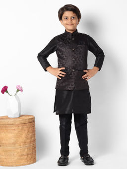 Uri and MacKenzie - Kid's Silk Blend Kurta and Pant and Nehru Jacket-Black