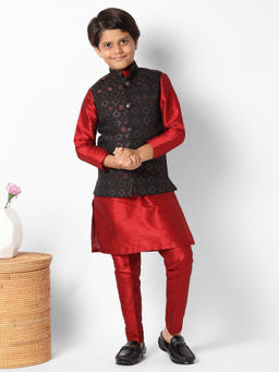 Uri and MacKenzie - Kid'S Silk Blend Kurta and Pant and Nehru Jacket-Red
