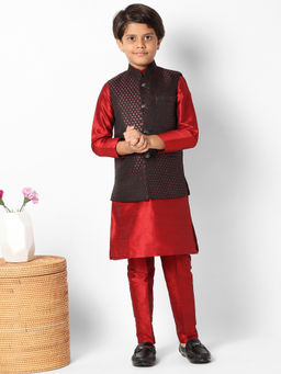 Uri and MacKenzie - Kid'S Silk Blend Kurta and Pant and Nehru Jacket-Red
