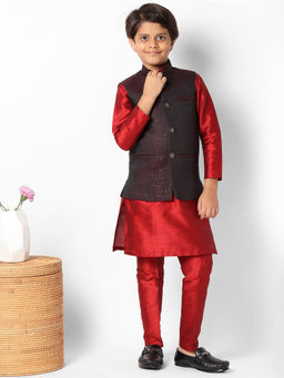 Uri and MacKenzie - Kid'S Silk Blend Kurta and Pant and Nehru Jacket-Red