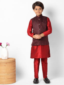 Uri and MacKenzie - Kid'S Silk Blend Kurta and Pant and Nehru Jacket-Red