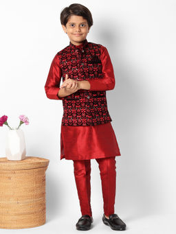 Uri and MacKenzie - Kid'S Silk Blend Kurta and Pant and Nehru Jacket-Red