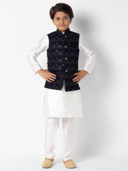 Uri and MacKenzie - Kid'S Silk Blend Kurta and Pant and Nehru Jacket-White