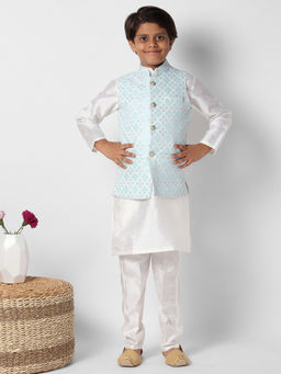 Uri and MacKenzie - Kid'S Silk Blend Kurta and Pant and Nehru Jacket-Off White
