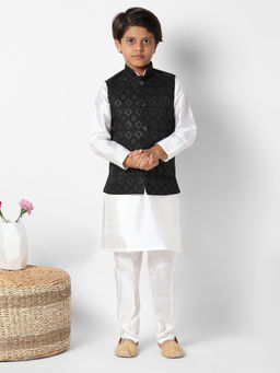 Uri and MacKenzie - Kid'S Silk Blend Kurta and Pant and Nehru Jacket-White