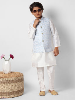 Uri and MacKenzie - Kid'S Silk Blend Kurta and Pant and Nehru Jacket-White