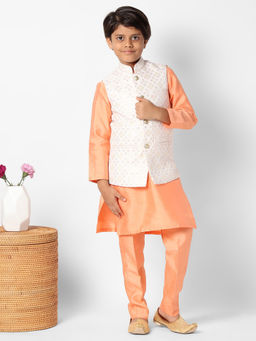 Uri and MacKenzie - Kid'S Silk Blend Kurta and Pant and Nehru Jacket-Peach
