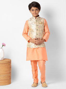 Uri and MacKenzie - Kid'S Silk Blend Kurta and Pant and Nehru Jacket-Peach