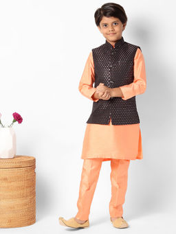 Uri and MacKenzie - Kid'S Silk Blend Kurta and Pant and Nehru Jacket-Peach