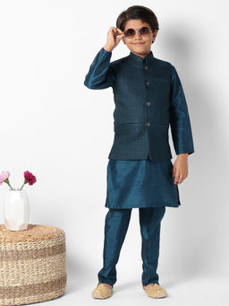 Uri and MacKenzie - Kid'S Silk Blend Kurta and Pant and Nehru Jacket-Teal