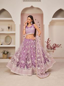 Odette - Lavender Net Embroidered Semi Stitched Lehenga With Unstitched Blouse (Set of 3)