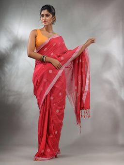 CHARUKRITI - Bright Pink Cotton Handwoven Saree with Texture Pattern & Unstitched Blouse