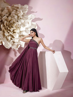 Qunic - Wine Crimson Cascade Gown