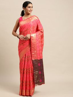 Shrithi Fashion Fab - Peach Coloured Woven Zari Silk Blend Patola Saree with Unstitched Blouse