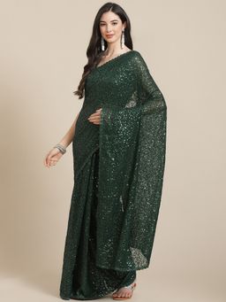 Readiprint - Georgette Fabric Green Color Embellished Saree with Unstitched Blouse