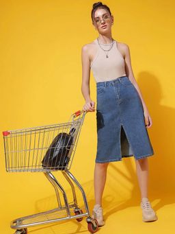 Belliskey - Womens Mid Blue Solid Knee Length Straight Denim Skirt