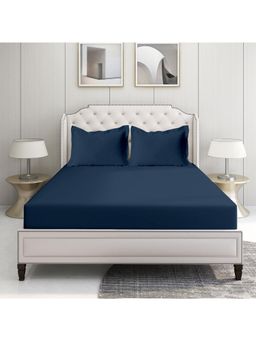 LANE LINEN - 500TC 100% Cotton Caligo Super King Fitted Bedsheet with 2 Pillow Covers - Navy