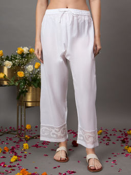 RAKHI APPARELS - White Chikankari Cotton Pant with Organza Detailing At Bottom