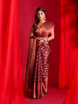 Beatitude - Coffee Brown Woven Banarasi Saree with Unstitched Blouse