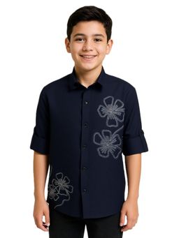 CHARCHIT - Navy Blue Boys Full Sleeves Embellished Solid Shirt
