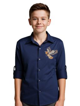CHARCHIT - Navy Blue Boys Full Sleeves Embroidered Shirt