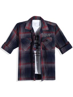 CAVIO - Navy Blue Boys Full Sleeves Checked Shirt And T-shirt