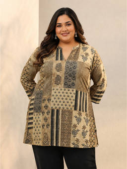 Extra love by Libas - Beige Printed Mandarin Neck Tunic