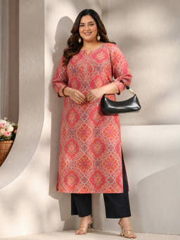 Extra love by Libas - Peach Printed Round Neck Kurta