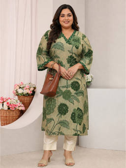 Extra love by Libas - Green Floral V-Neck Kurta