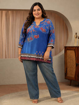 Extra love by Libas - Blue Floral Mandarin Neck Tunic