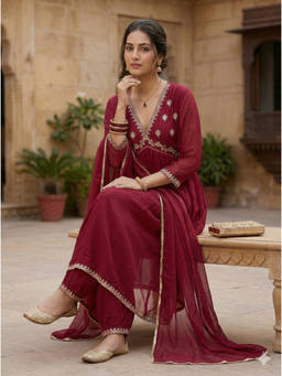 SERONA FABRICS - Pink Embroidered V-Neck Anarkali Kurta Pant with Dupatta