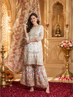 SERONA FABRICS - White Embroidered Round Neck Kurta Sharara with Dupatta