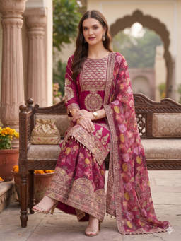 SERONA FABRICS - Pink Embroidered Round Neck Kurta Sharara with Dupatta