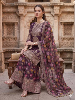SERONA FABRICS - Purple Embroidered Round Neck Kurta Sharara with Dupatta