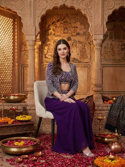 SERONA FABRICS - Purple Embroidered Round Neck Crop Top & Palazzo with Jacket