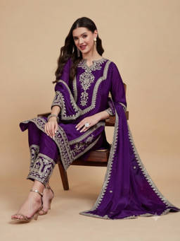 SERONA FABRICS - Purple Embroidered Round Neck Kurta Pant with Dupatta