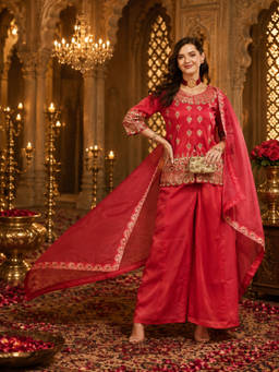 SERONA FABRICS - Pink Embroidered Round Neck Top & Palazzo with Dupatta