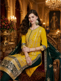SERONA FABRICS - Yellow Embroidered Round Neck Kurta Pant with Dupatta