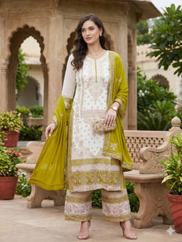 SERONA FABRICS - White Embroidered V-Neck Kurta Pant with Dupatta